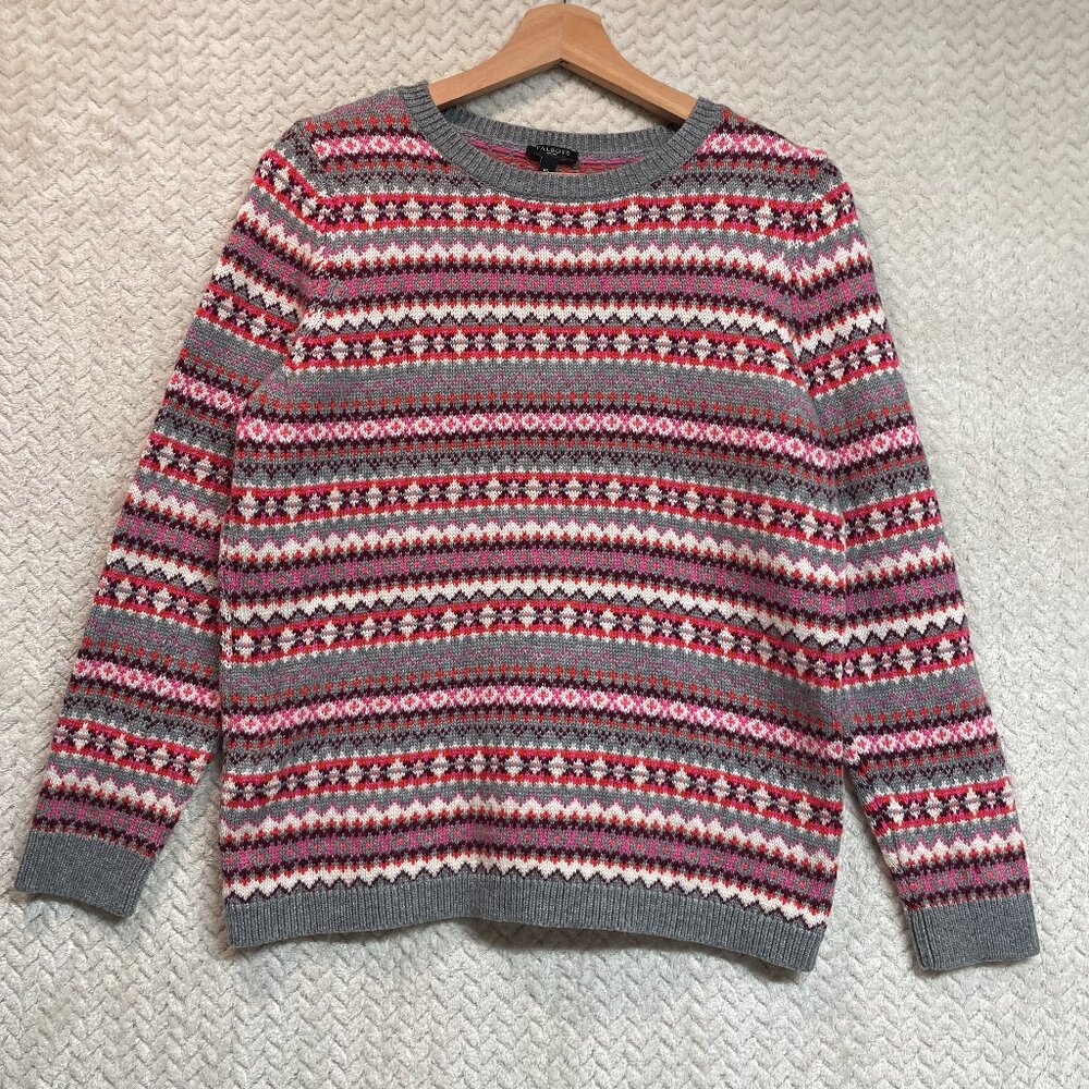 Talbots Fair Isle Pink Orange Gray Crewneck Knit Sweater Y2K Preppy Petite M